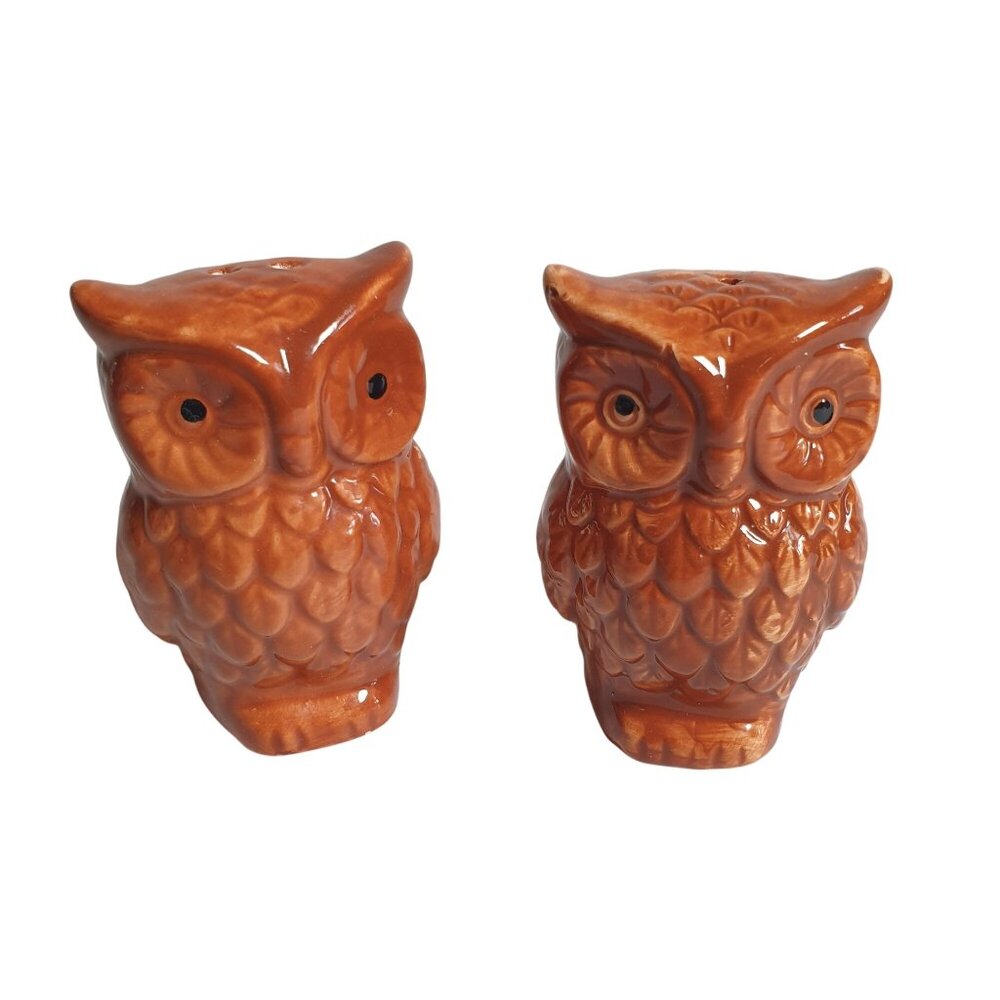 Vintage Ceramic Owl Salt & Pepper Shaker Set Hand Painted With Plastic Stoppers